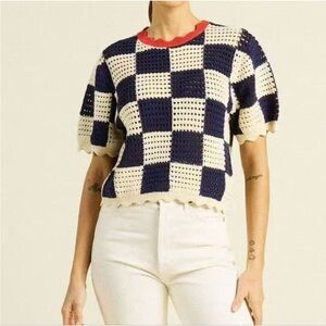 Trovata Birds Of Paradise Jules Sweater T Shirt Womens Small Crochet Check Navy
